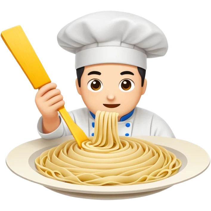 Shanxi knife-cut noodles with chef slicing dough, simplified emoji style with bold outlines and bright colors, cartoon style flying noodle strips emoji