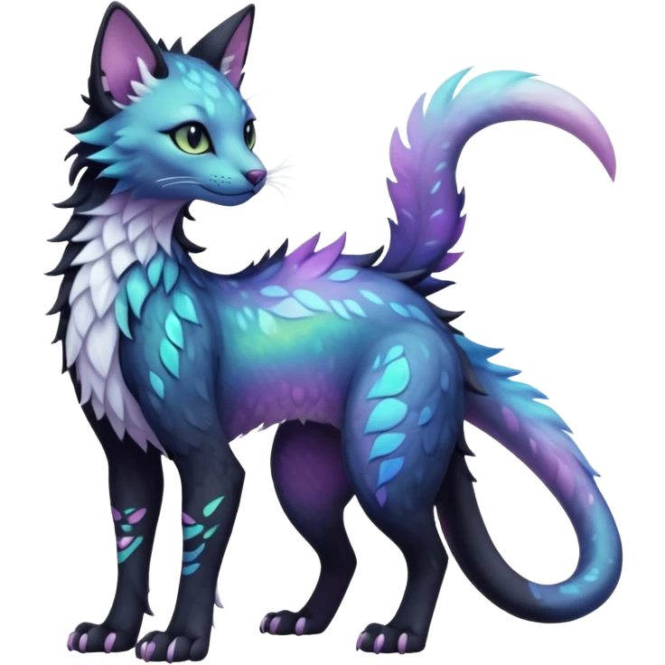 Kawaii black pastel iridescent beautiful pretty elegant divine edgy fantasy feline-vernid-sergal-fursona animal creature with a tufted tail full body with intricate markings  emoji