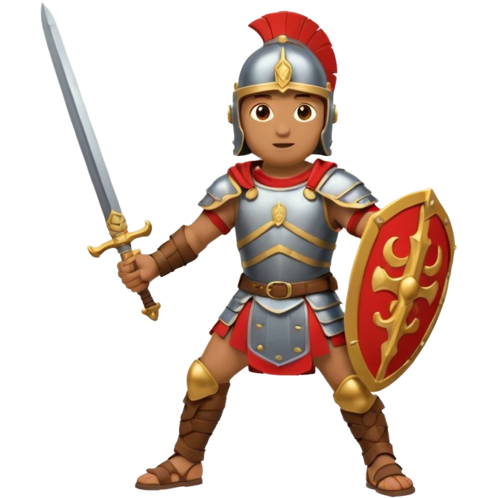 Roman gladiator with helmet and sword, dynamic pose, Puy du Fou theme park emoji emoji