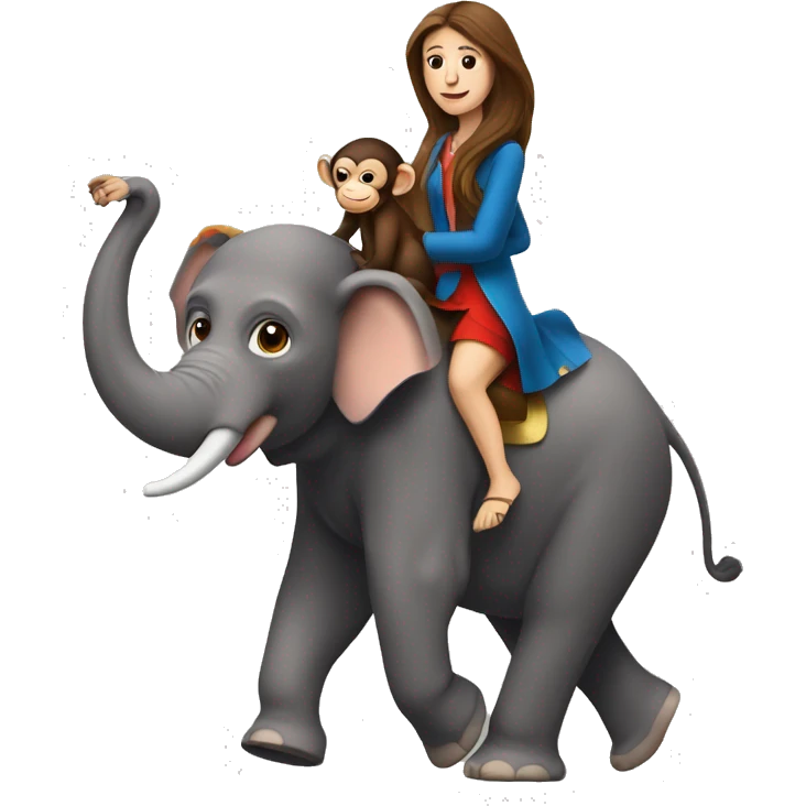 French woman with long brown hair, with a monkey on her shoulder, riding an elephant emoji