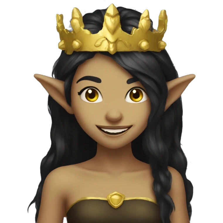 goblin girl with gold crown dark long dark hair big smile emoji