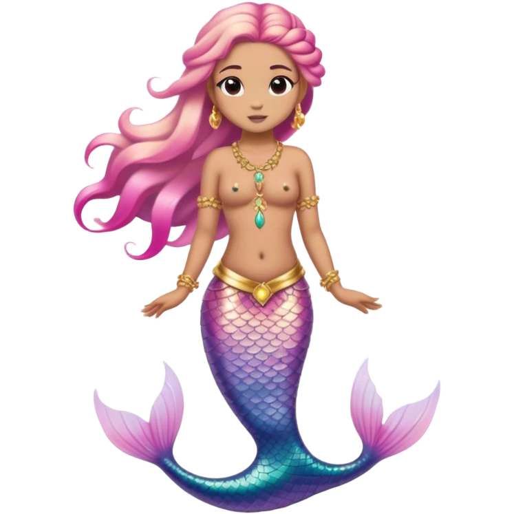 full body mermaid with pink ombré tail, wearing gold jewellery and has middle part braids that cover his forehead  emoji