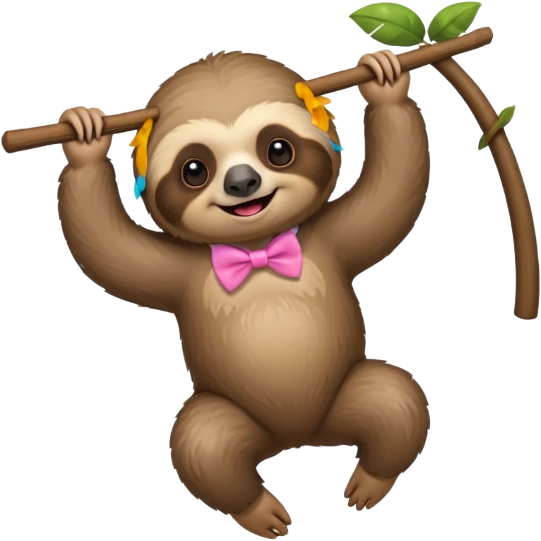 cute swinging Sloth on stick, pink bow tie emoji