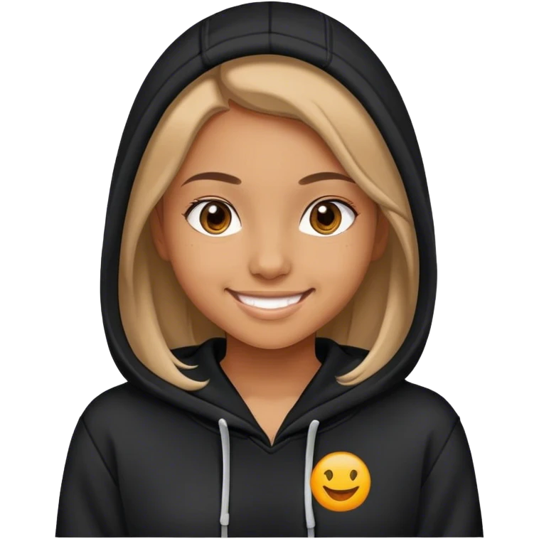 A girl wearing a black hoodie smiling emoji