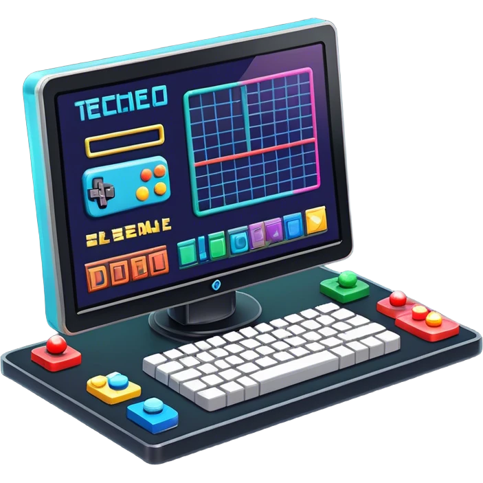 Emoji for Game Design: computer screen with Professional game development interface, 3D models, pixel art and design tools like grid, wireframe, gamepad, joystick, stylus. Symbolizes the technical and creative process of game development. Transparent background. emoji