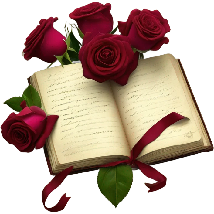 A crimson bouquet of roses with a silk ribbon and an old handwritten diary emoji