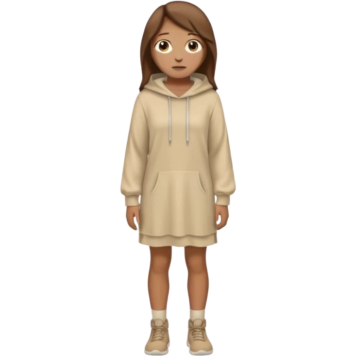 fullbody, head-to-toe, Lazarus's sister, Jesus's friend, with brown hair, beige dress, and a head hoodie, normal emoji style emoji