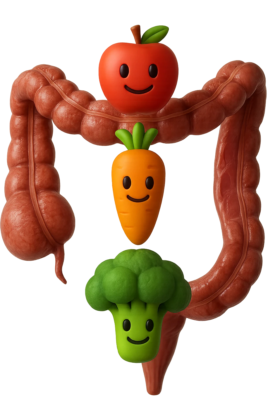 emoji stile iphone in 3d di cibo sano che fluttua in aria vericalmente insieme ùa pezzi di colon umano anatomico, iperrealistico 4k emoji