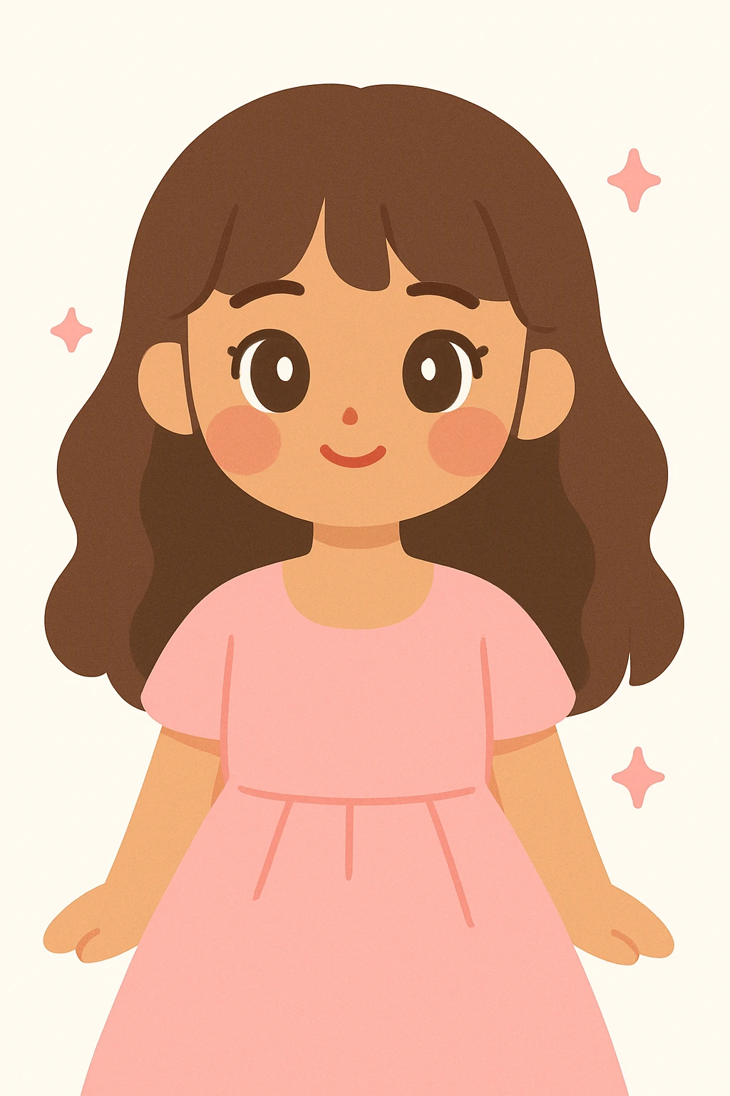 feminine girl with medium skin, soft pink cheeks, big dark hazel eyes, long wavy brown hair and bangs, straight nose, natural red lips, pretty features, in a beautiful pink dress emoji