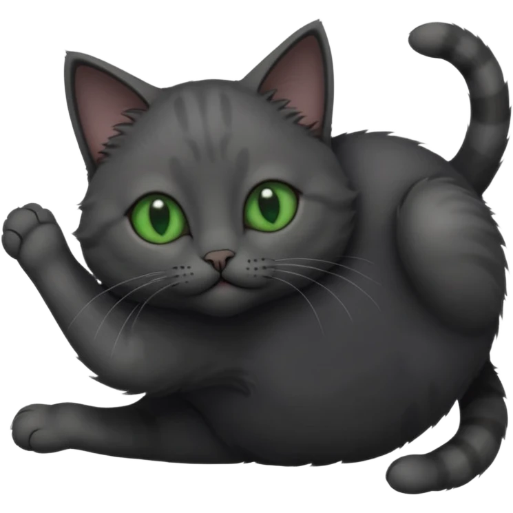 solid dark grey cat with green eyes, completely solid grey face, white toes/paws playing rolling upside down emoji