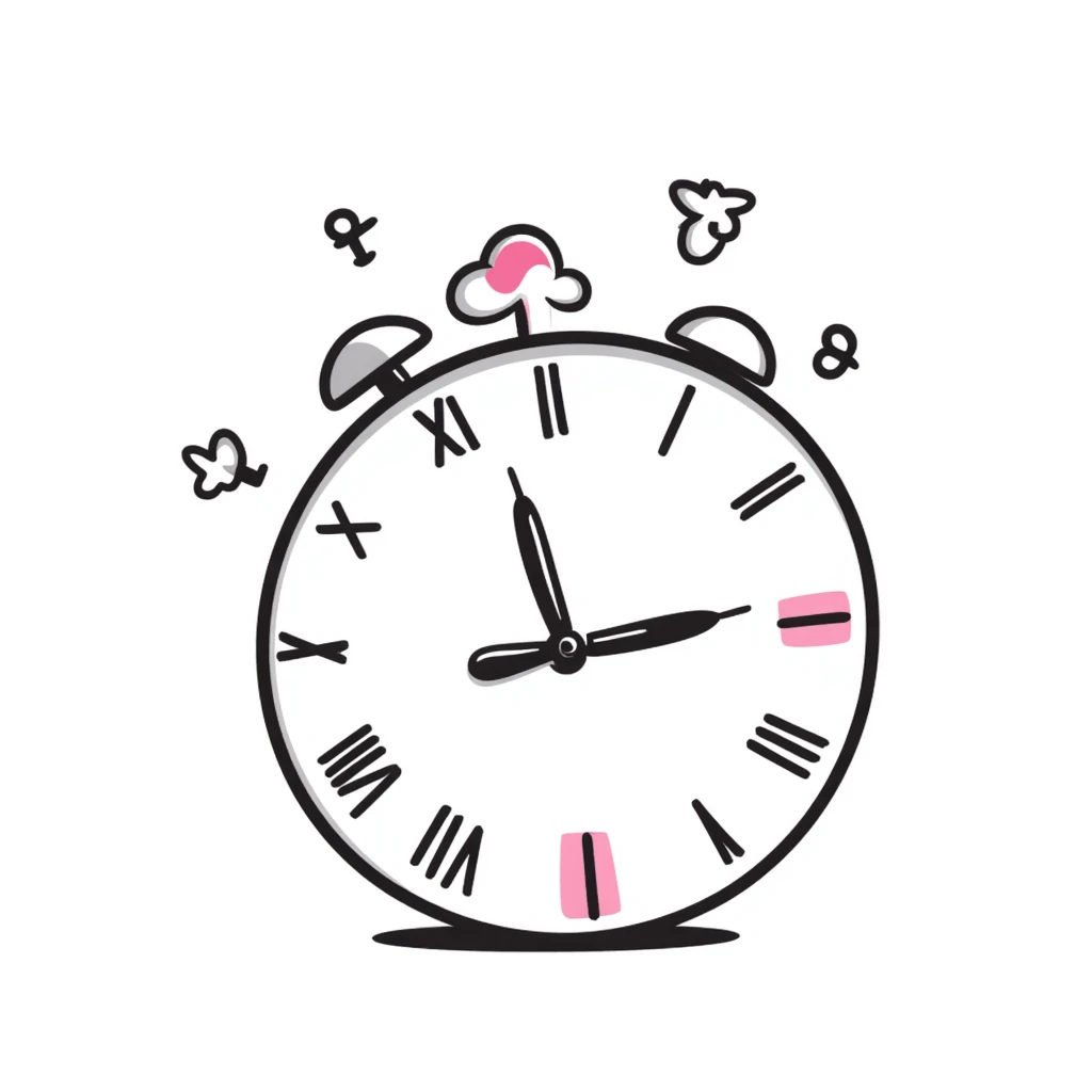 hand-drawn doodle of a clock with numbers flying, pink accents, playful emoji
