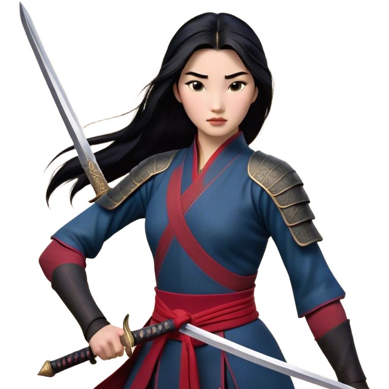 Cinematic Realistic Mulan Portrait, depicted with lifelike skin texture, soft natural lighting, and intricately detailed long black hair styled elegantly. Her deep, expressive eyes exude determination and grace, complemented by a serene yet confident expression. She stands with one hand resting on the hilt of her sword, the other by her side, exuding strength and poise. She is dressed in her classic attire, with rich fabric textures and delicate folds that catch the light beautifully. The portrait features a soft, enchanting glow with a natural, radiant finish, capturing the essence of timeless strength and beauty in a realistic and painterly style, evoking a sense of depth and authenticity. emoji