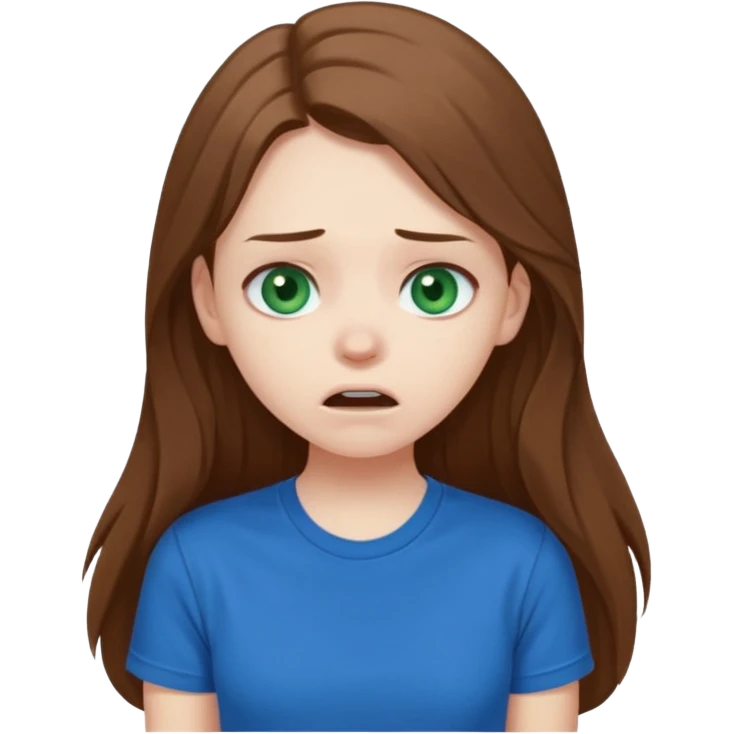 Cute girl with pale skin, long brown hair, dark green eyes, blue t shirt who is chocked emoji