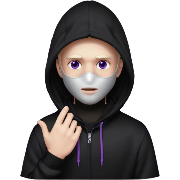 non human male cartoon character related to a shadow, with all black clothes, focusing a black hoodie, and a black versace face mask covering his entire face, just his purple shadow eyes making a light bloom emoji