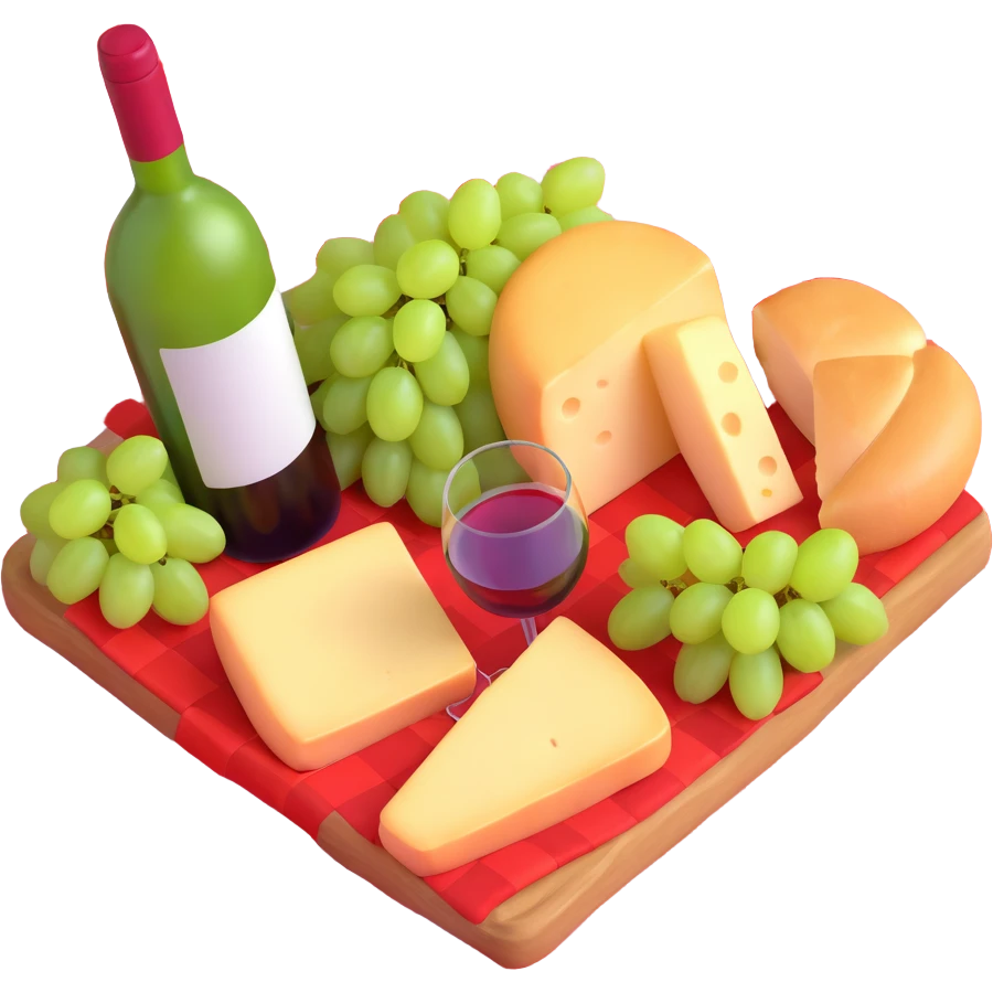 picnic with cheese, bread, grapes and wine on a red and white checkered blanket emoji