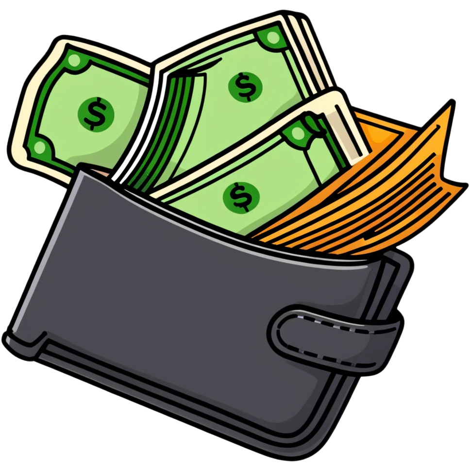 black leather wallet open with dollar bills inside and a small analog clock in top right corner floating above the wallet emoji