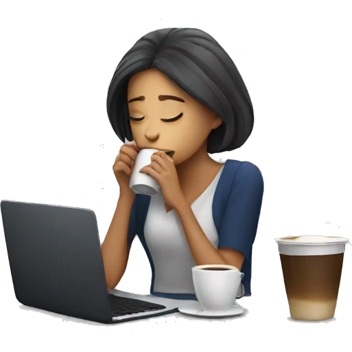 tired french girl with laptop drinking a lot of coffee emoji