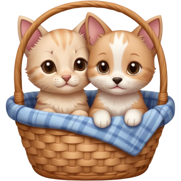 Disney-style cute kitten and puppy cozy in blanket basket  emoji