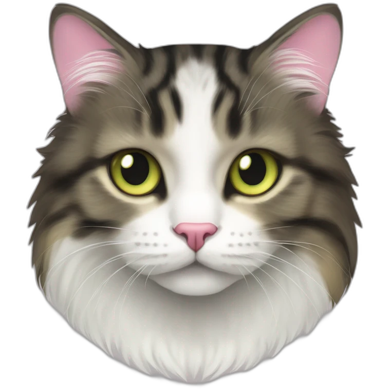 cat Tabby (Mainly black and dark brown) fluffy cat pink-nose light-green&yellow-eyes,-white-long-whiskers,-white-spots-near-the-nose,sharp chin.,long ears,sharp of the eyes emoji