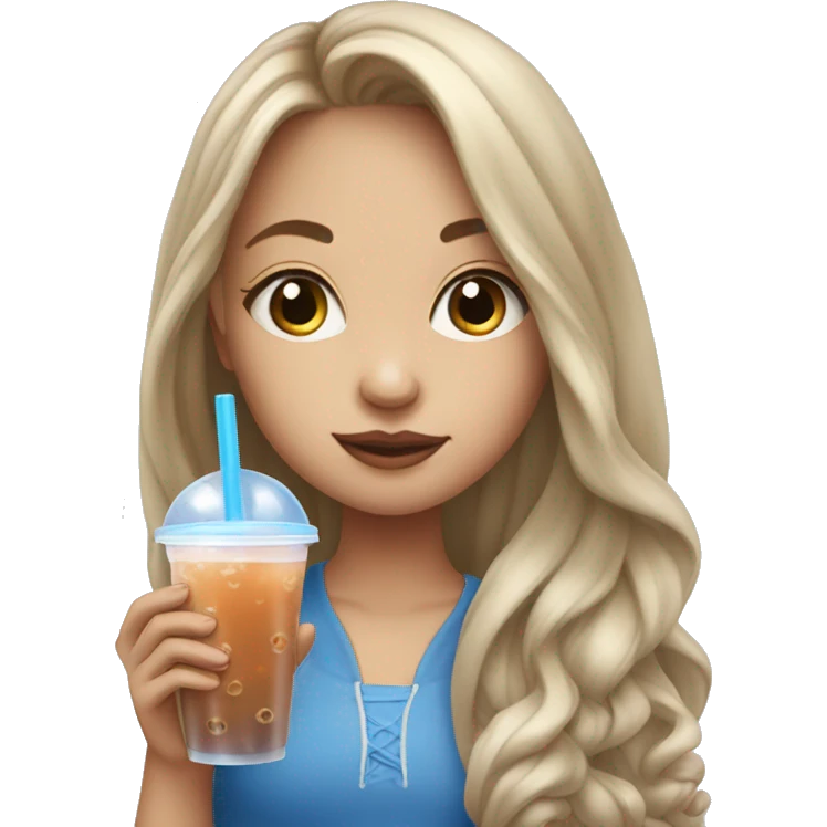 Girl with long hair and blue eyes drinking bubble tea emoji