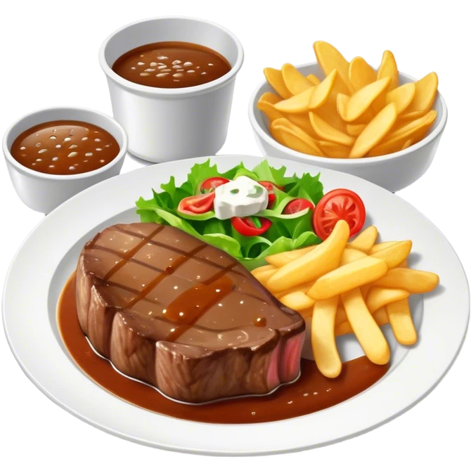 big juicy australian steak meal featuring chips, small salad in a ramiken and gravy  emoji