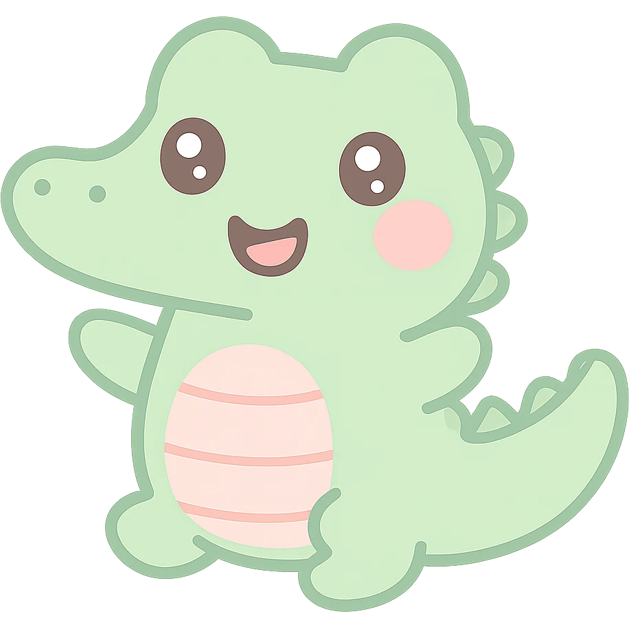 kawaii style crocodile, smiling, pastel green, big eyes, cute pose emoji