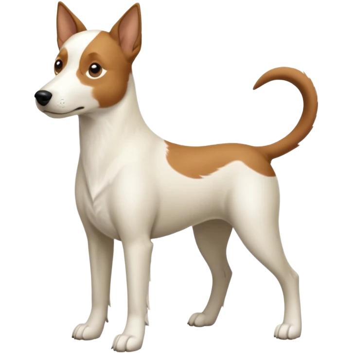 a full body white parsel russell looking dog the size of a kelpie with light brown ears and a light brown patch on one eye and a large snout emoji