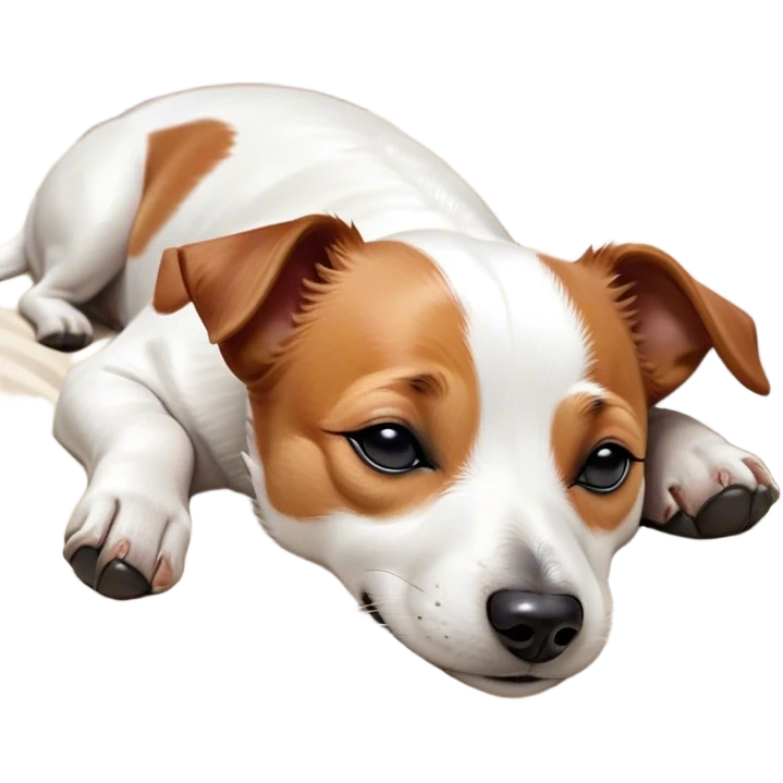 Meme-Worthy Cute Sleeping Jack Russell Terrier Portrait Emoji, Head and body resting peacefully with a contented smile, showcasing a compact, alert yet relaxed form with eyes gently closed in serene slumber, Simplified yet adorably endearing features, highly detailed, glowing with a soft, drowsy canine light, high shine, relaxed and utterly lovable, stylized with an air of playful laziness, soft glowing outline, capturing the essence of a sleeping Jack Russell Terrier that feels destined to become the next viral icon of adorable rest! emoji
