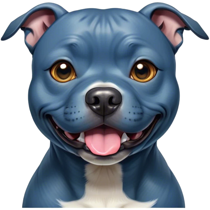 Cinematic Comical Blue Staffordshire Bull Terrier Portrait Emoji, Head tilted dramatically with an exaggeratedly amused expression, featuring a striking blue Fur with a subtle shimmer, wide, expressive dark eyes filled with playful disbelief, Simplified yet hilariously expressive features, highly detailed, glowing with a slightly sassy glow, high shine, dramatic yet playful, stylized with an air of cheeky mischief, bright and endearing, soft glowing outline, capturing the essence of a spirited and over-the-top guardian, so meme-worthy it feels like it could side-eye its way into internet fame instantly! emoji