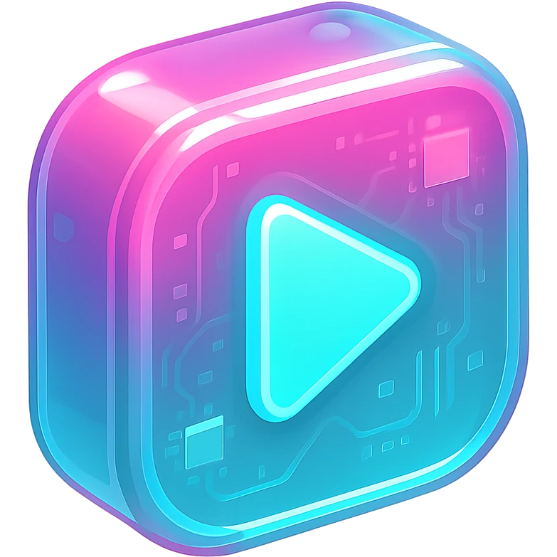 glossy, soft-edged Discord-style icon of a play button, vibrant pink and aqua with smooth gradients, neon highlights, slight glow, transparent background, modern and techy, optimized for Discord UI emoji