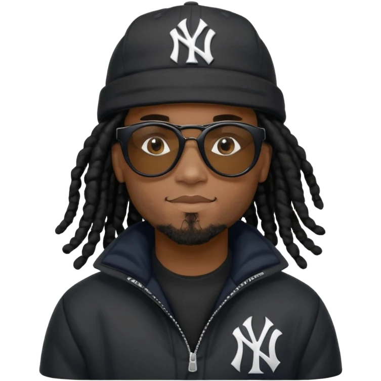African American man brown skin complexion with black dreadlocks shoulder length wearing black bubble winter coat wearing black sunglasses wearing a New York Yankees fitted baseball hat emoji