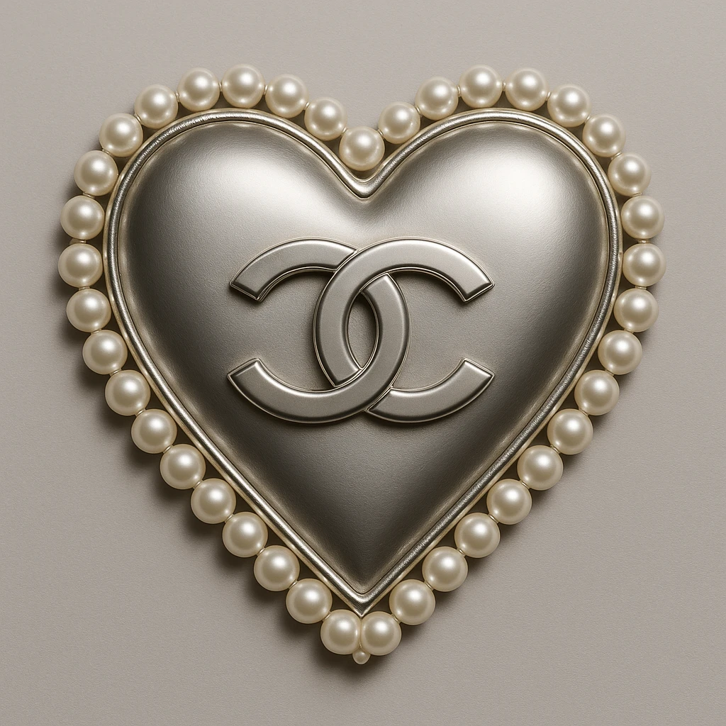 Elegant heart in metallic silver with a pearl border, featuring Chanel interlocking C's at the center, classic luxury style. emoji