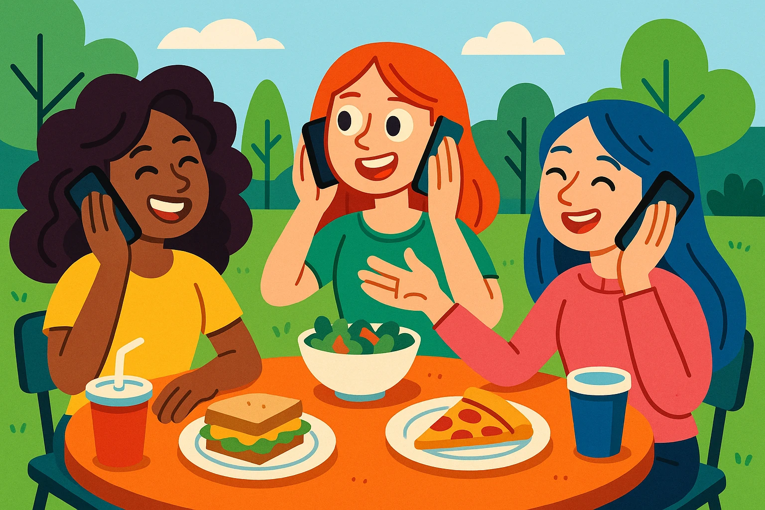 three girls enjoying lunch break, talking to each other on their phones, playful and lively, diverse appearances, informal setting emoji