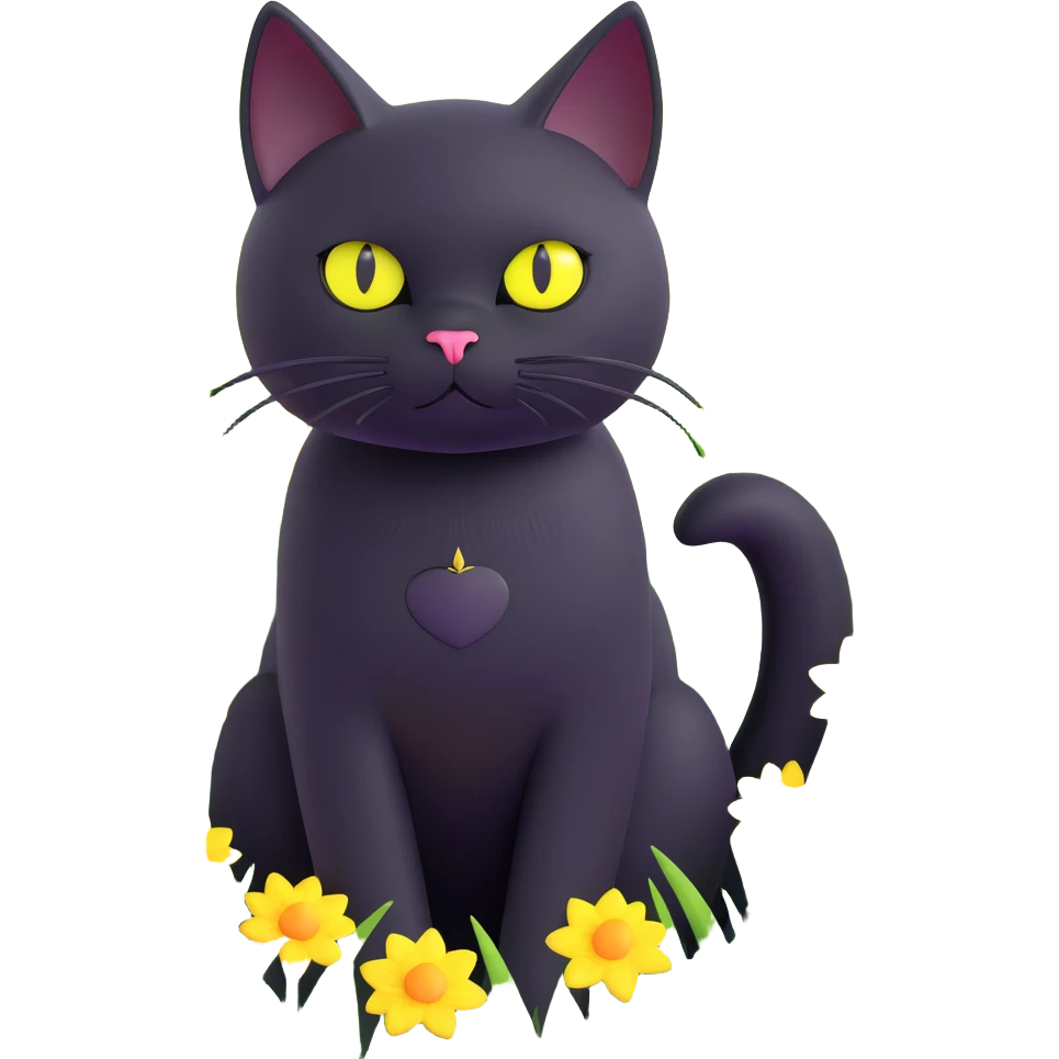 A black cat with wide, curious yellow eyes surrounded by a vibrant meadow of green grass, yellow and white flowers emoji