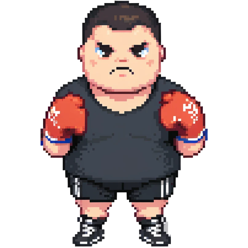 white man with dark hair, dark eyes, buzzcut faded haircut, overweight 100kg boxer, chubby face, stocky build, wearing full black clothes, black adidas boxing gloves, highly pixelated, chunky pixel style, low resolution emoji