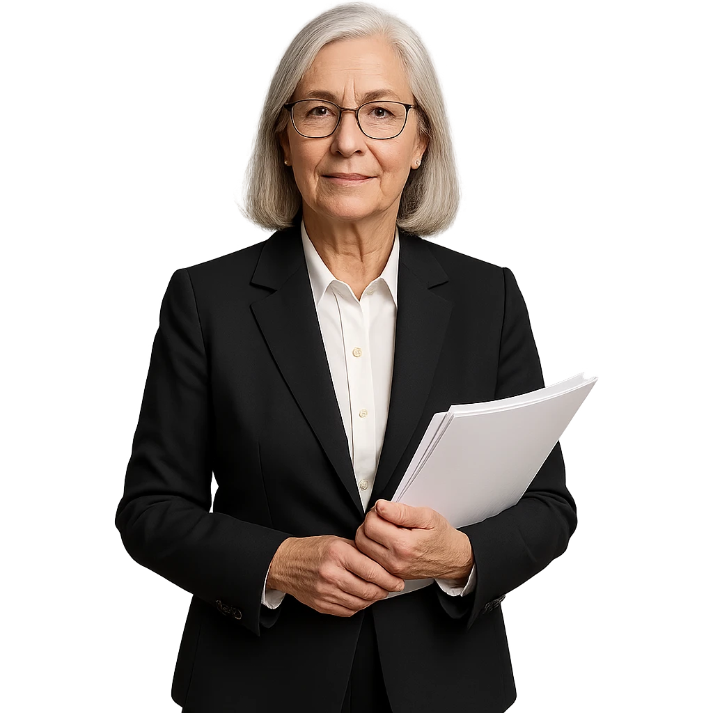 72-year-old professional woman holding documents, neat attire, confident expression emoji