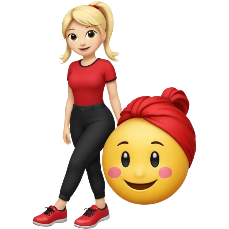 A smiley yellow emoji (like 😊) with a ponytail, red shirt, big breasts, black pants, ass and red shoes emoji