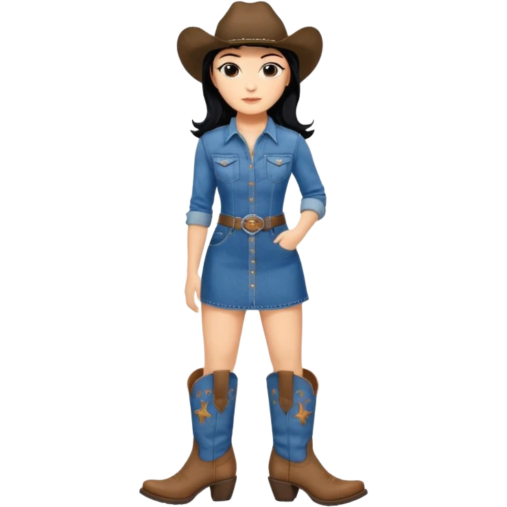 Woman black hair denim dress knee high cowboy boots emoji