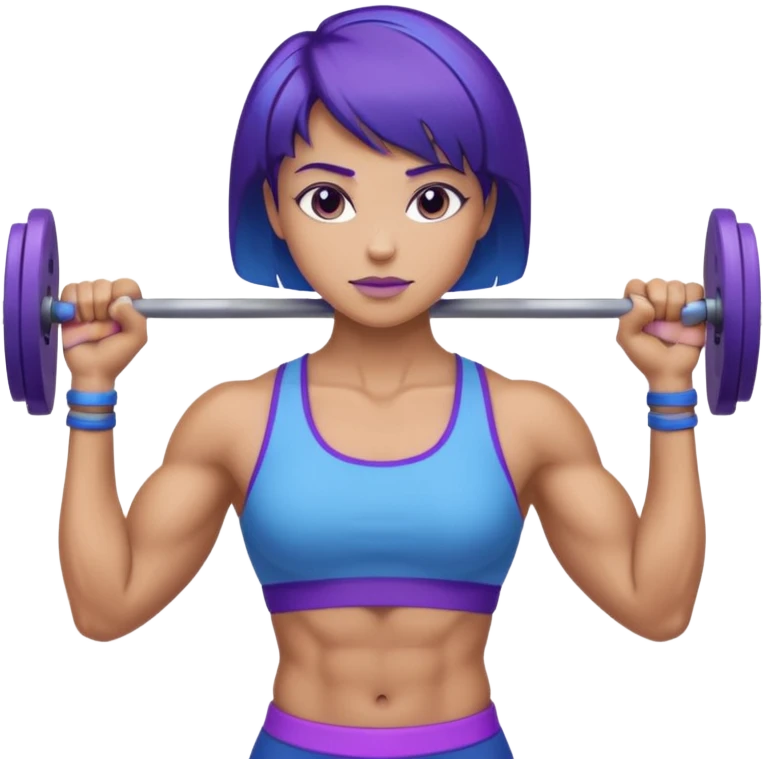 weight lift woman short blue purple har muscles bar is not growing from head emoji