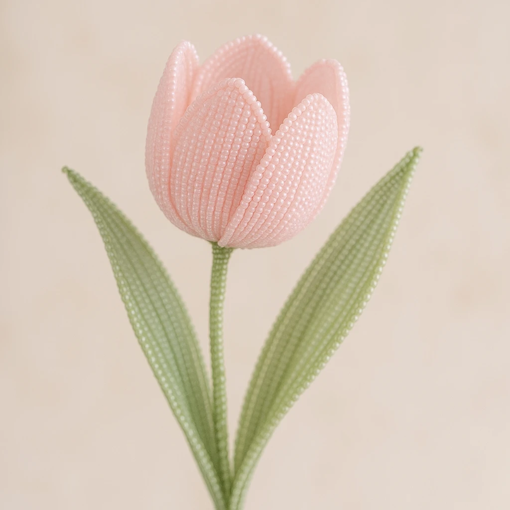 french beaded baby pink tulip, delicate glass seed beads, wirework, soft pastel colors, realistic flower shape, intricate beadwork, delicate and elegant emoji