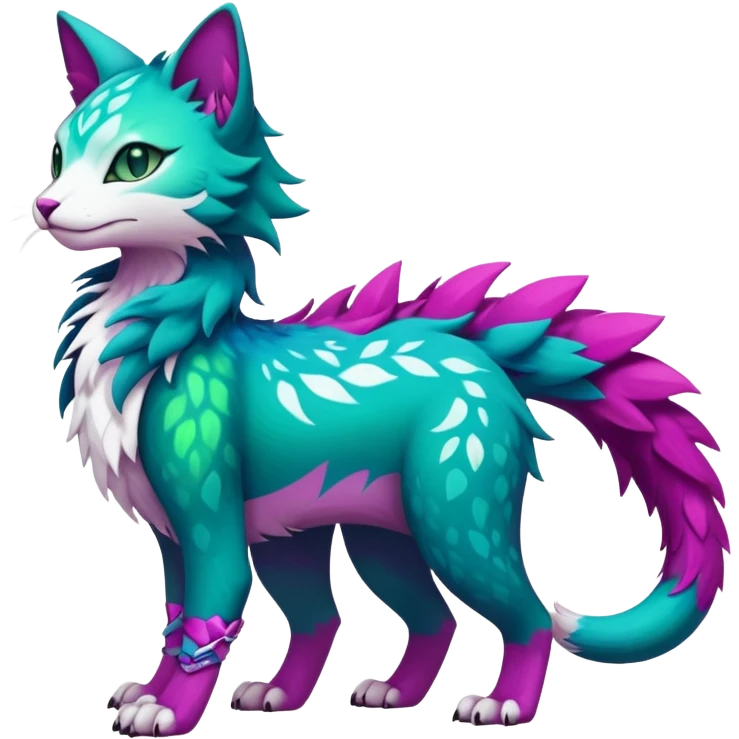 Kawaii cute colorful iridescent deep-dark-turquoise-green and magenta and white beautiful pretty elegant divine edgy feline-vernid-sergal-Fakémon-Pokémon-fursona-animal-creature with accessories, full body, with intricate detailed markings emoji