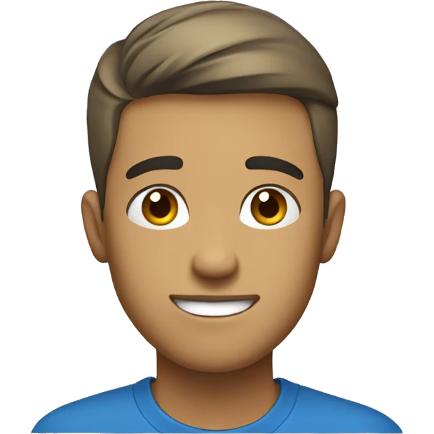 a young adult man, with blue t shirt, smiling brightly, natural beige skin, straight short hair, thinking about money emoji