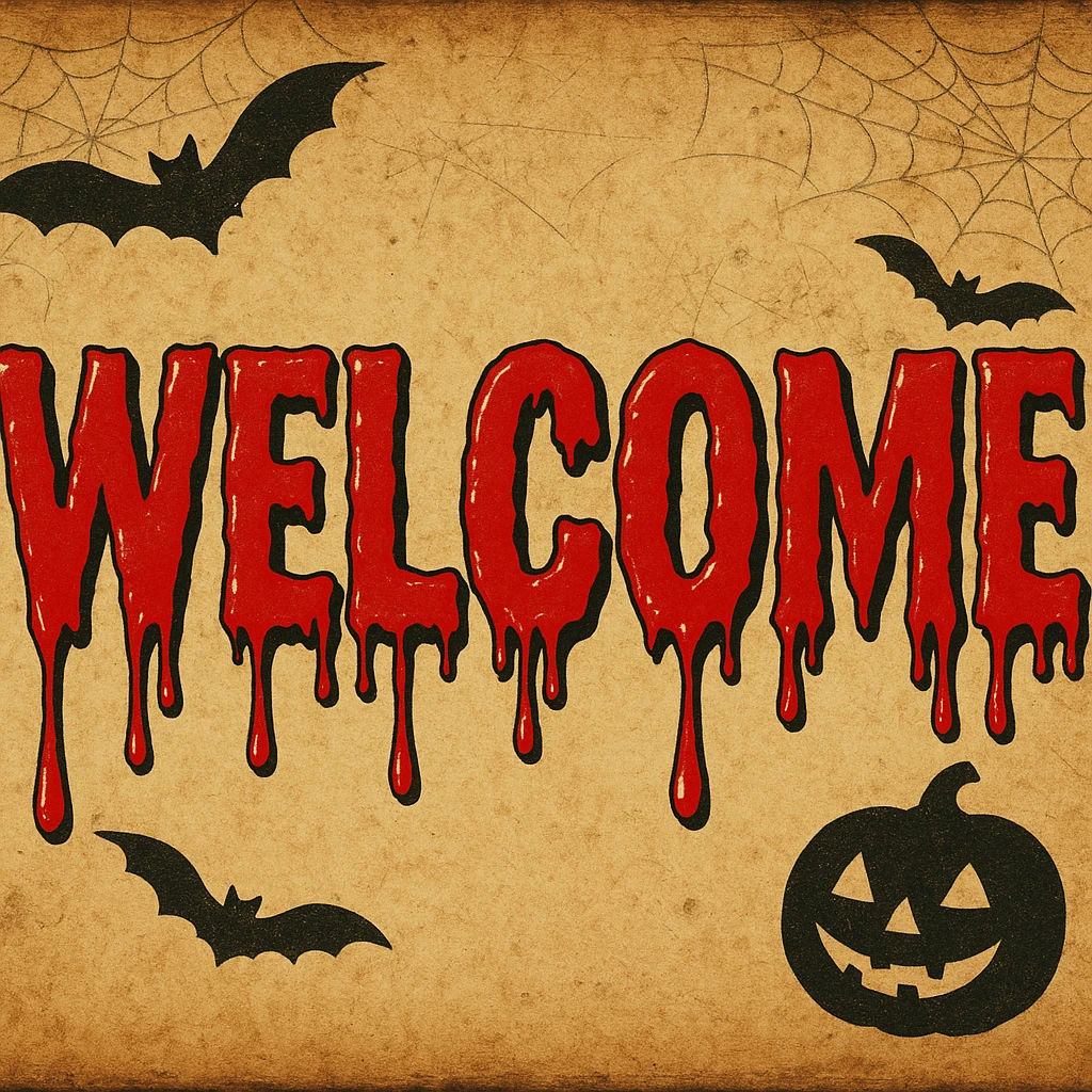 Welcome text with vivid horror style blood drip effect in vintage Halloween card style, keep rest of banner unchanged emoji