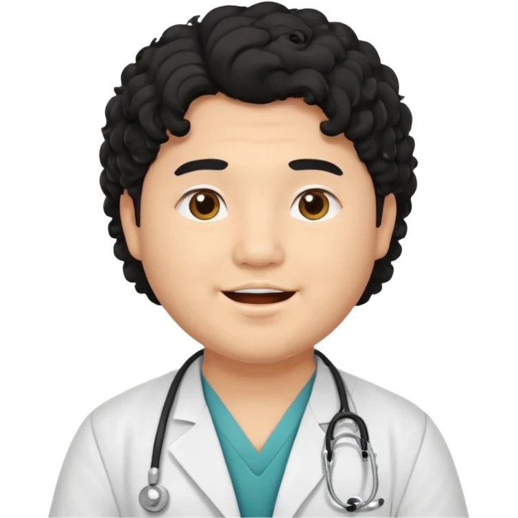 a young asian chubby male doctor with black long curly hair and cheerful face without gpasses emoji