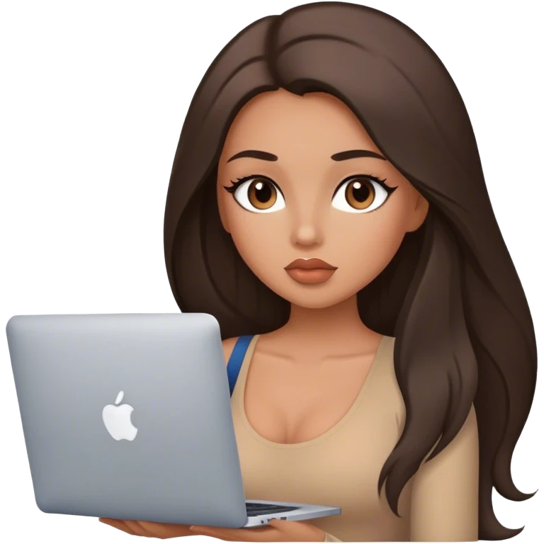 Glamours tanned very beautiful girl with big pump peach lips and dark chocolate straight smooth long hair, blue-grey eyes in brown/beige bodysuit with MacBook emoji