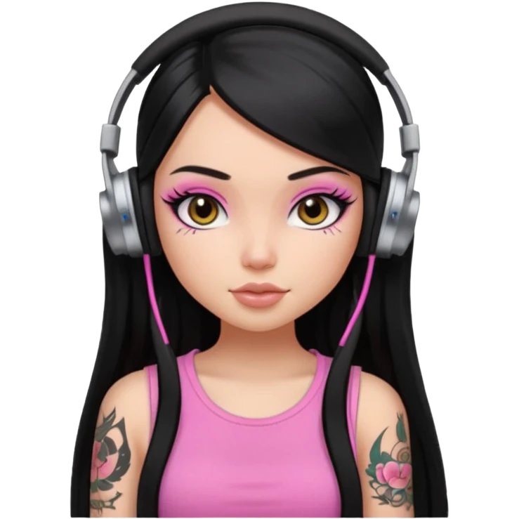 generate a pretty bratz girl with black long straight hair and headphones on, tattoo on shoulder, eyeliner on emoji
