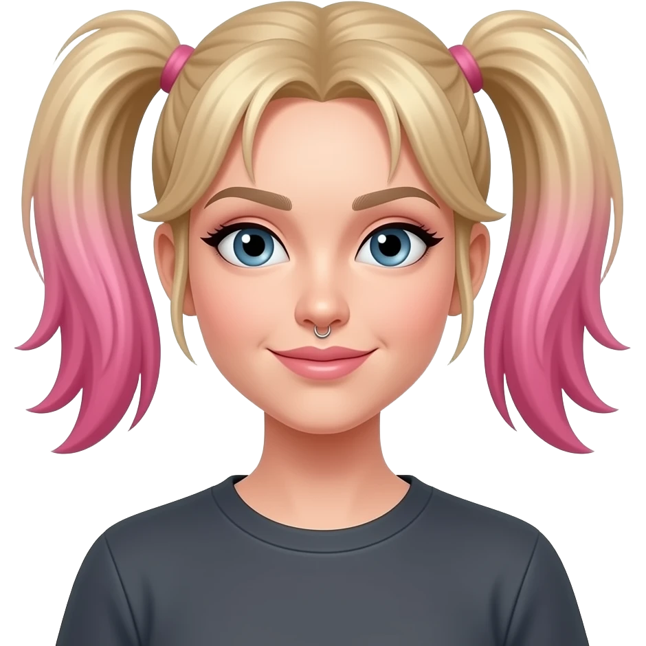 Woman with blonde hair and fully pink pigtails, dark Gray shirt, and nose piercing emoji