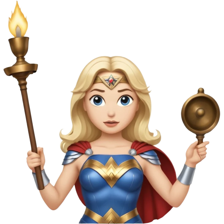 Blonde blue eyes Wonder Woman holding bell and short white conductor baton emoji