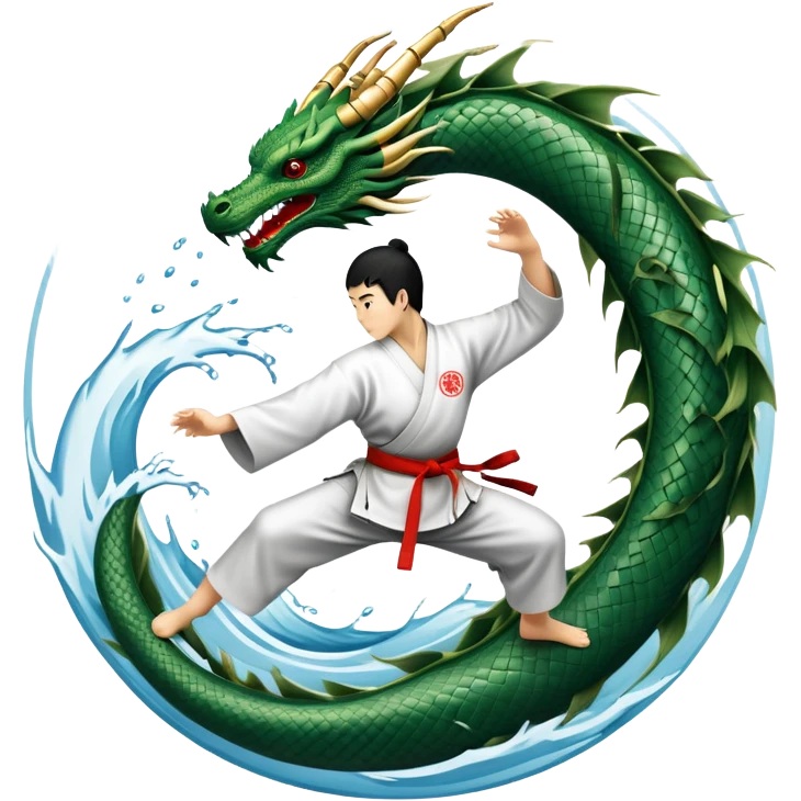 An icon symbolizing Eastern martial arts in the style of an emblem, featuring a black-and-white Yin-Yang symbol and a dragon at the center. A martial artist is performing a fluid kick, surrounded by elements like a dojo and bamboo. Transparent background highlights balance and power. emoji