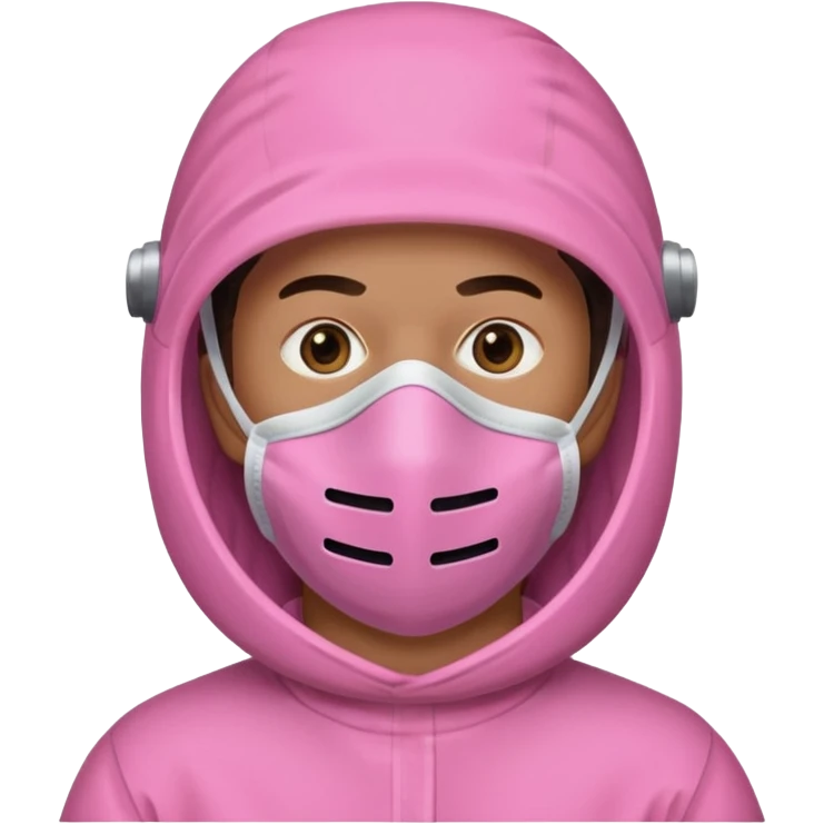 man in pink protection clothes with full-faced pink mask covered whole face emoji